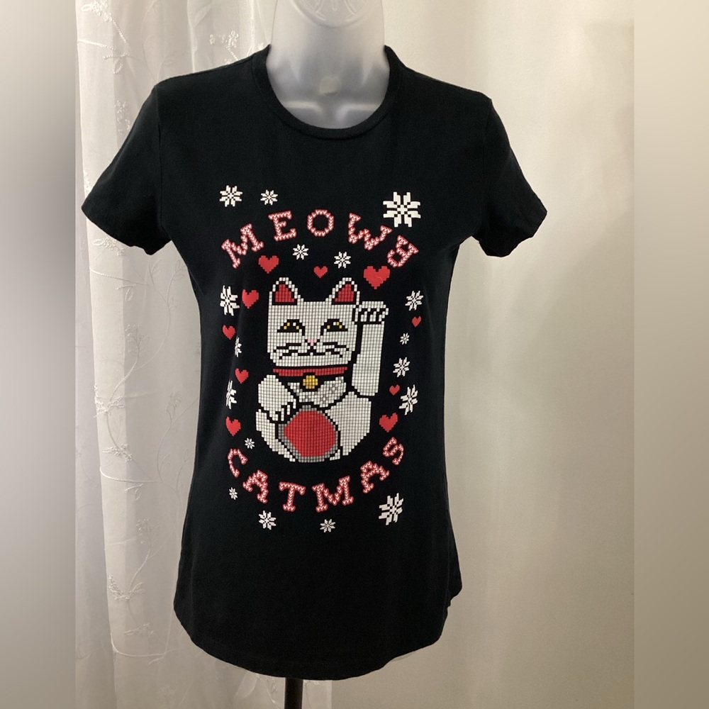Christmas  MEOW CATMAS Ladies Short Sleeve Shirt Size Medium